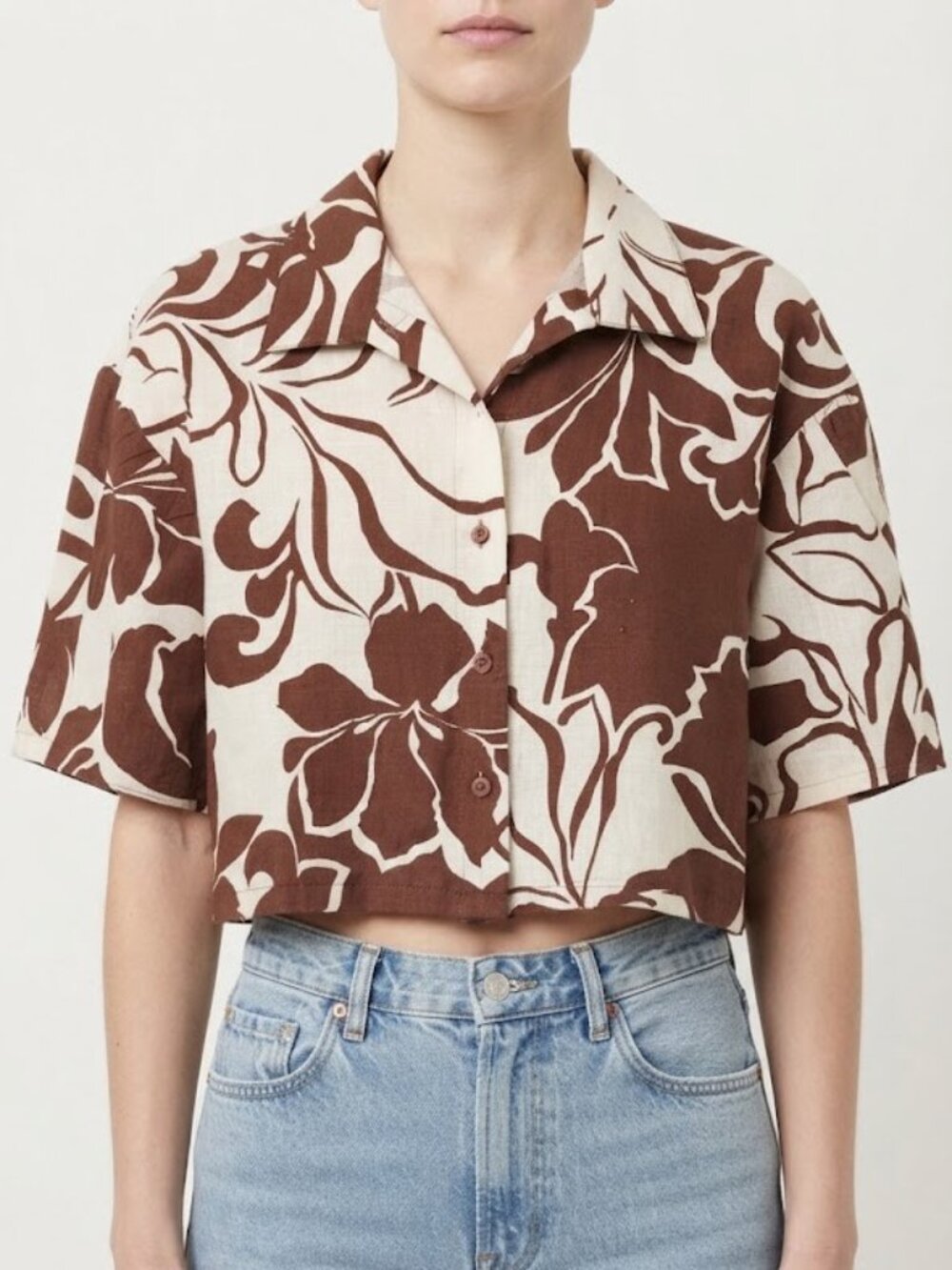 Brown & Cream Tropical Print Linen Blend Cropped Button-Up Top